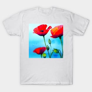 Spring Sky Red Poppy Flowers Digital Art (MD23Mrl001) T-Shirt